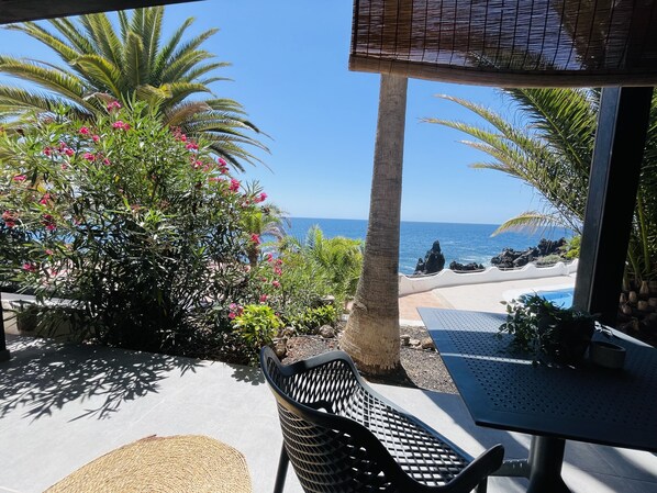 A patio with a view of the ocean, featuring a table, chairs, and a variety of plants. - Ocean shore apartment 2 (Santiago del Teide)