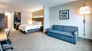 Une chambre d’hôtel avec un lit, un canapé, un bureau et une chaise.