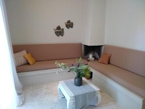 Smart TV, fireplace, books