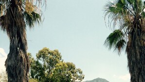 A fenced outdoor area with trees and a mountain in the background. - Palm tree house by the beach (Λουτράκι)