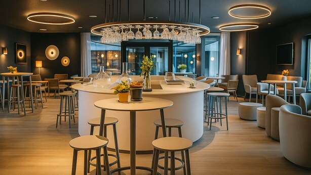 A modern bar area with a central island, stools, and a chandelier. - Off Meeting Wavre Hotel (Wavre)