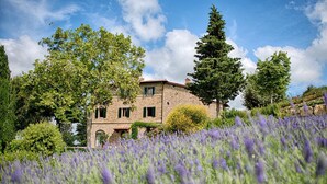 A stone building with multiple windows and a garden with lavender. - Luxury Chianti For Four (Greve in Chianti)