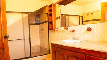 Bathtub dan shower terpisah, bathtub besar, pancuran hujan, dan handuk