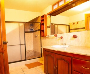 Separate bathtub and shower, deep-soaking bathtub, rainfall showerhead