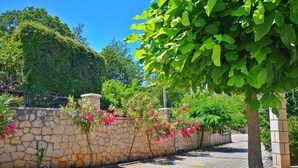 Un sendero pavimentado con una pared de piedra y plantas florecientes.