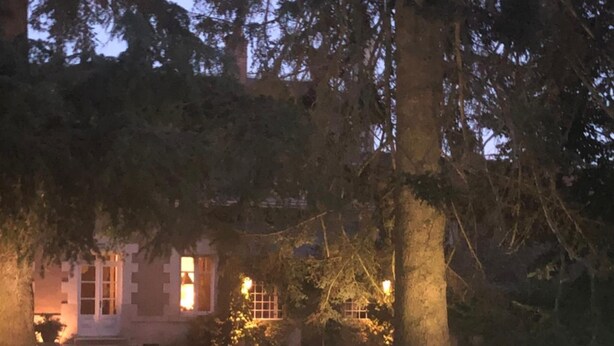 A swimming pool with a clear view of the surrounding area, including a building with illuminated windows and a large tree. - Le Clos Saint Sulpice (Fossé)