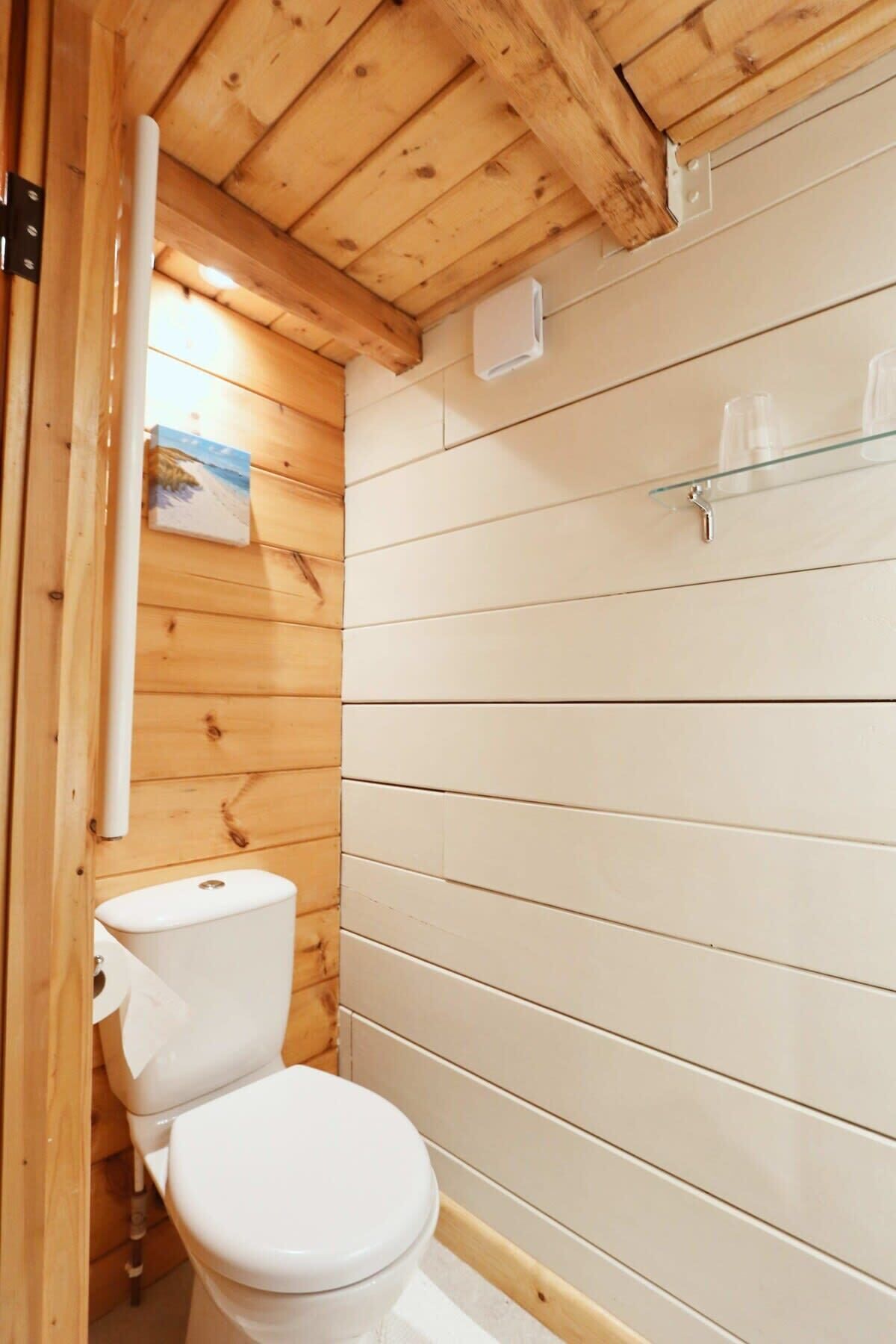 A wooden-paneled bathroom with a toilet, a glass shelf above the sink, and a painting on the wall.