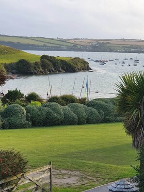 A coastal view with boats, a grassy area, and a small island with dense vegetation.
