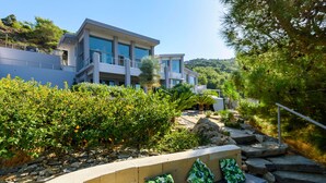 Une maison moderne à deux étages, dotée d’un balcon, entourée d’une végétation luxuriante et bordée d’un chemin en pierre.