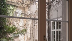 Una finestra con vista sull'esterno di un edificio, un balcone con piante in vaso e una ringhiera in metallo.