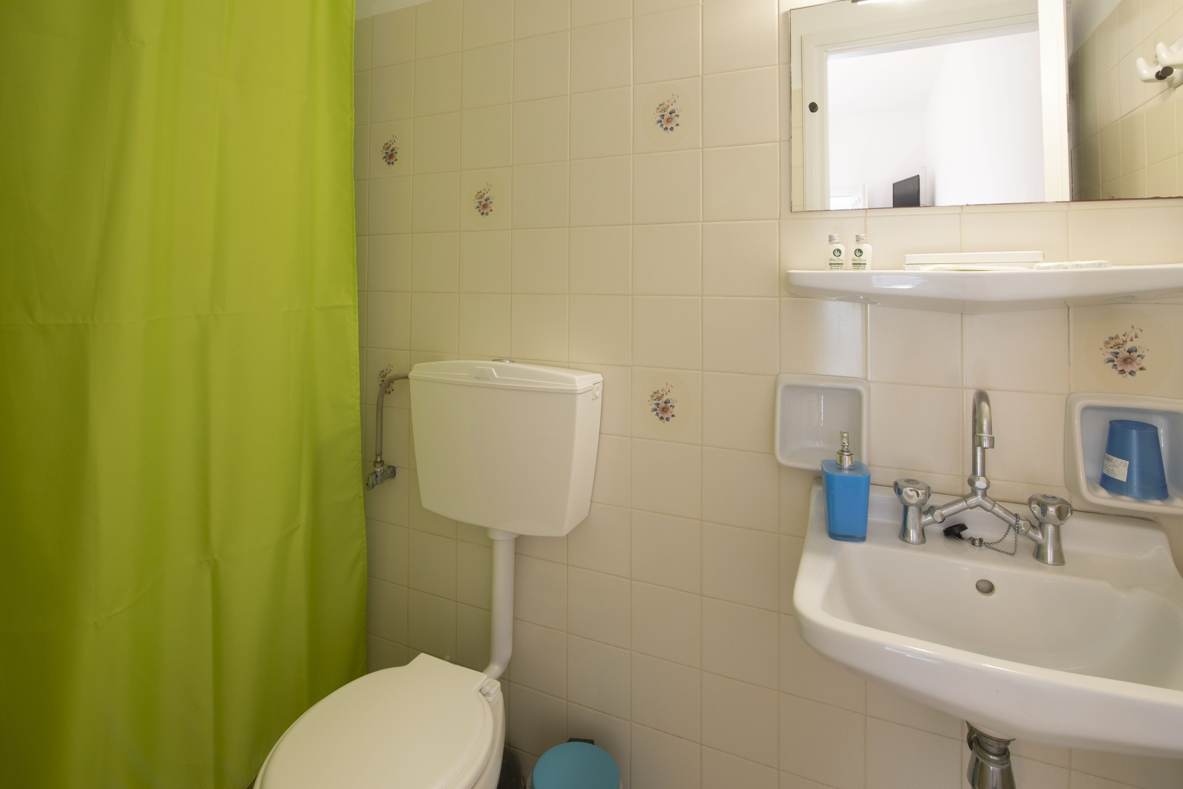 A bathroom with a toilet, sink, and shower curtain.