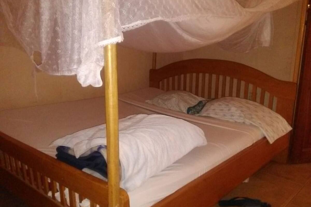 A single bed with a wooden frame and a canopy.