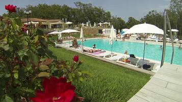 Seasonal outdoor pool, pool umbrellas, pool loungers