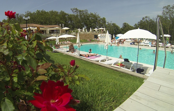 Seasonal outdoor pool, pool umbrellas, sun loungers