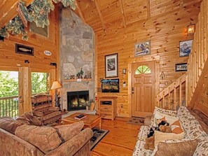 Cabin, Multiple Beds, Hot Tub, Mountain View | Living room | 42-inch TV with cable channels, fireplace, MP3 dock