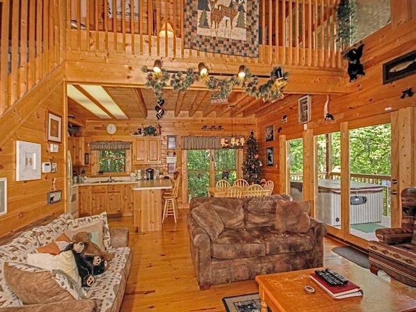 Cabin, Multiple Beds, Hot Tub, Mountain View | Living room | 42-inch TV with cable channels, fireplace, MP3 dock