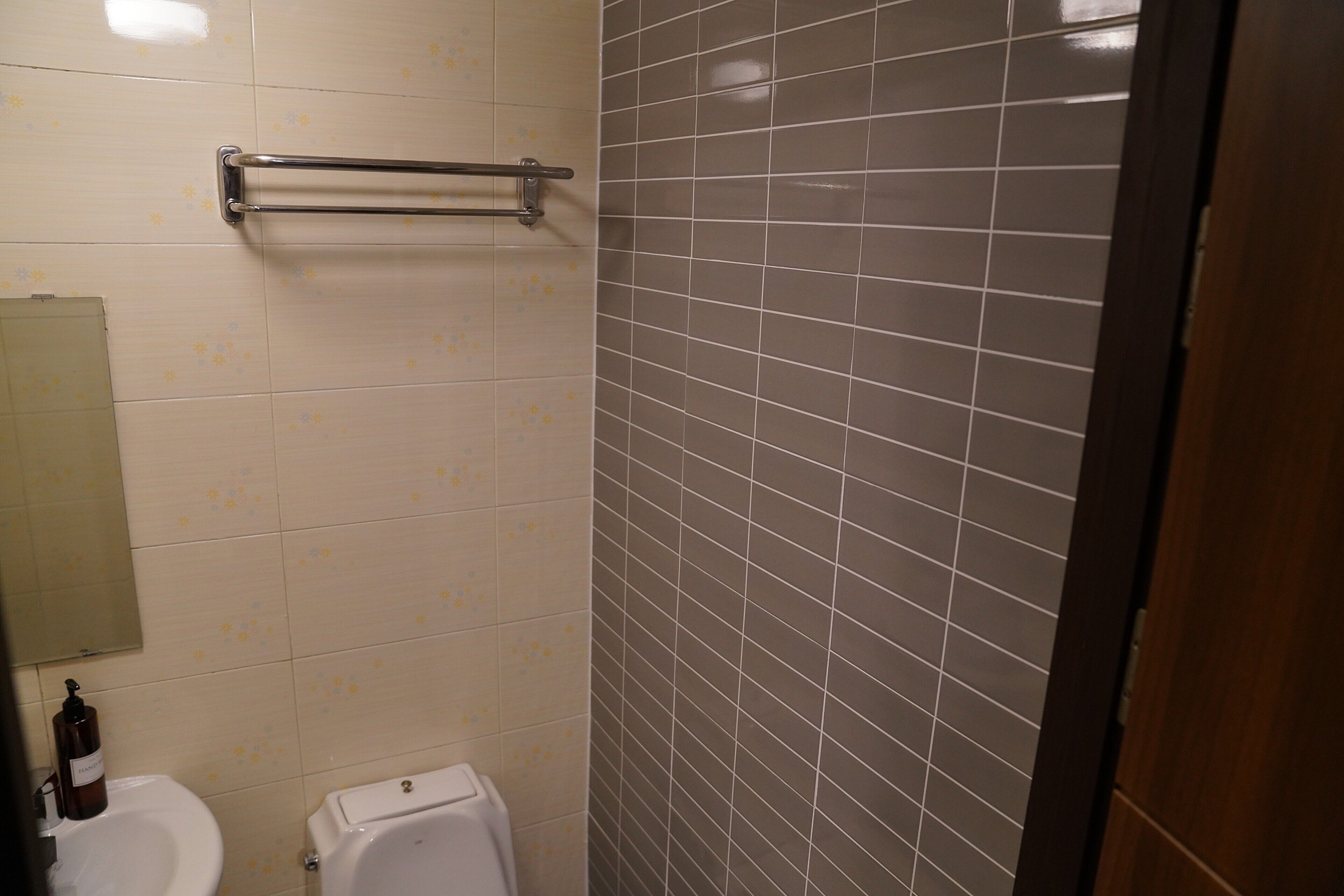 A bathroom with a toilet, a sink, and a handrail.
