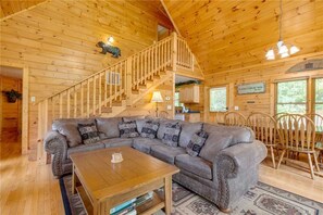 Cabin, Multiple Beds, Private Pool, Mountain View | Living room | 42-inch TV with cable channels, fireplace, MP3 dock - Enchanted View Lodge, 3 Bedrooms, Pool Access, Mountain View, Sleeps 10 (Gatlinburg)