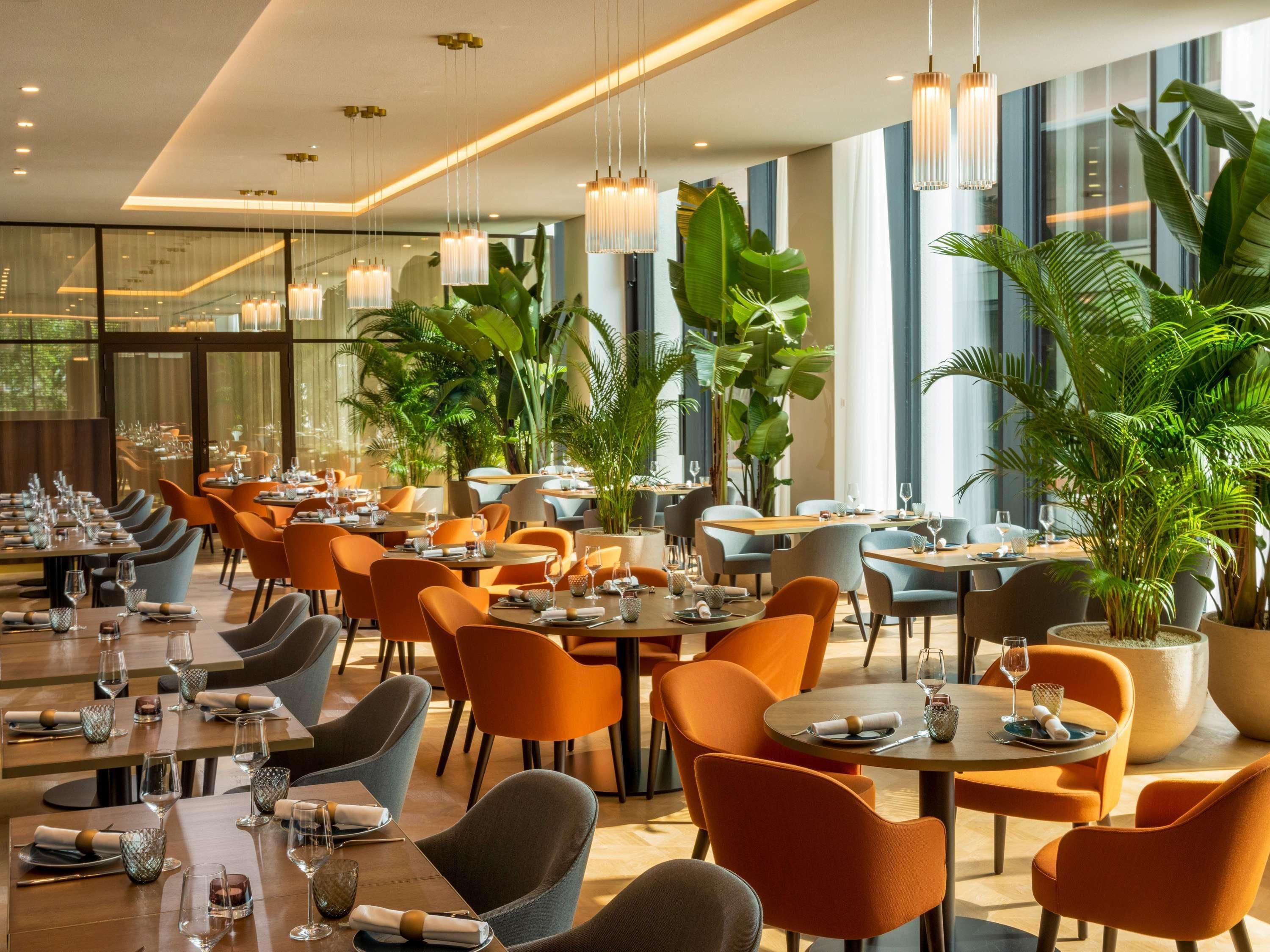Un restaurante con varias mesas y sillas, plantas en macetas grandes y lámparas colgantes.