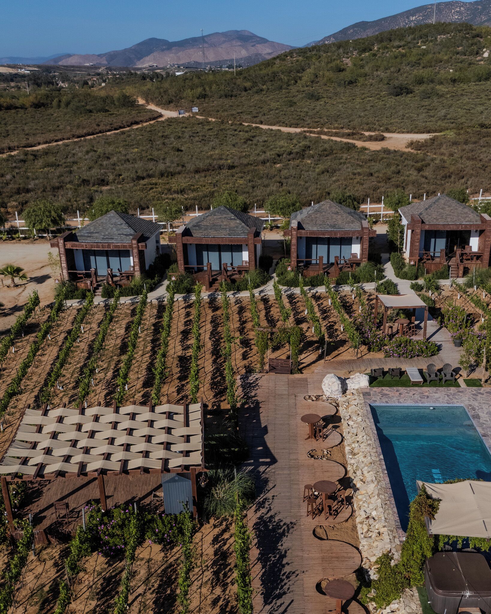 Un resort con varias villas, viñedos y una piscina.