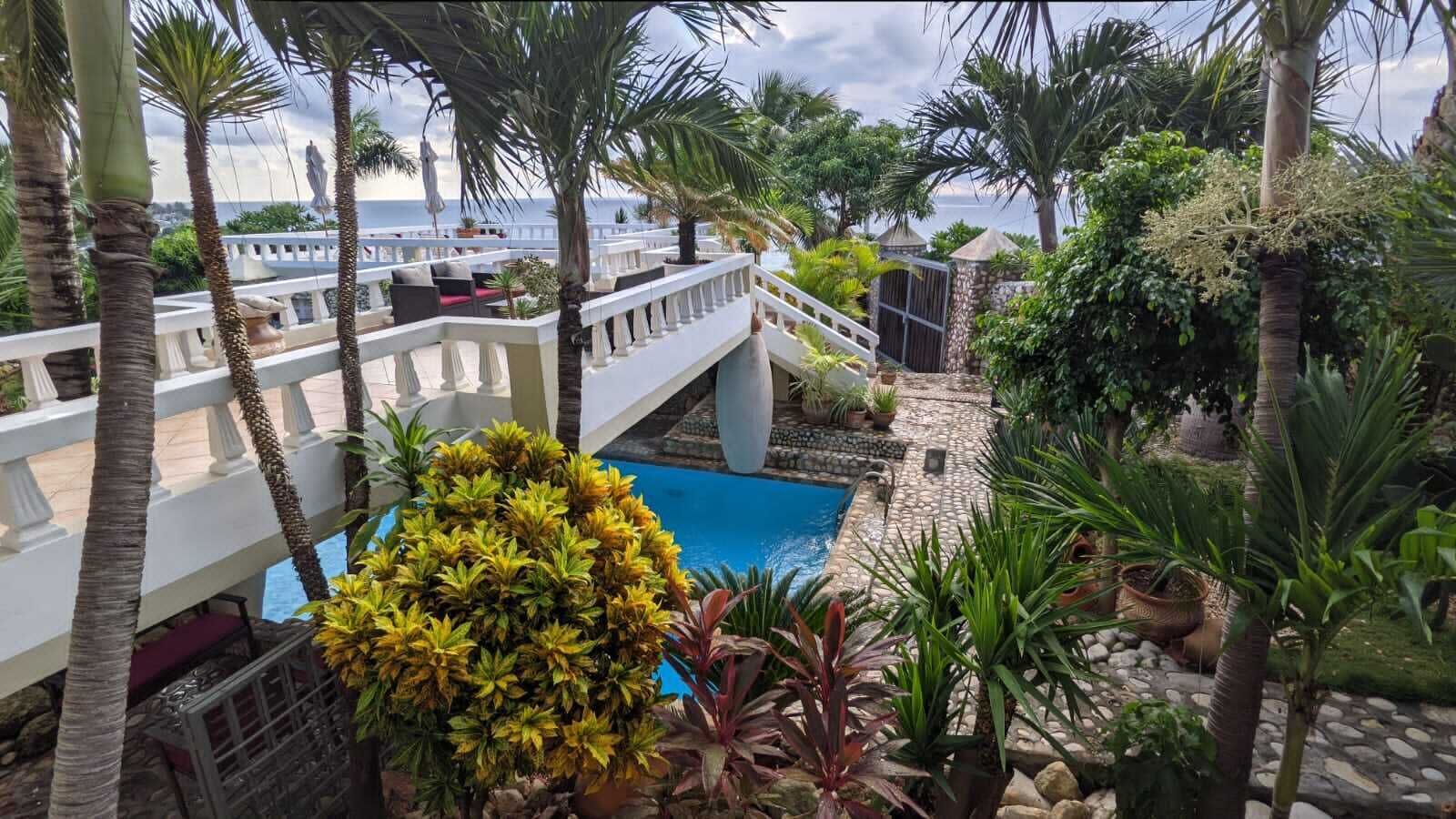 A pool area with a white balustrade, surrounded by tropical plants and palm trees.