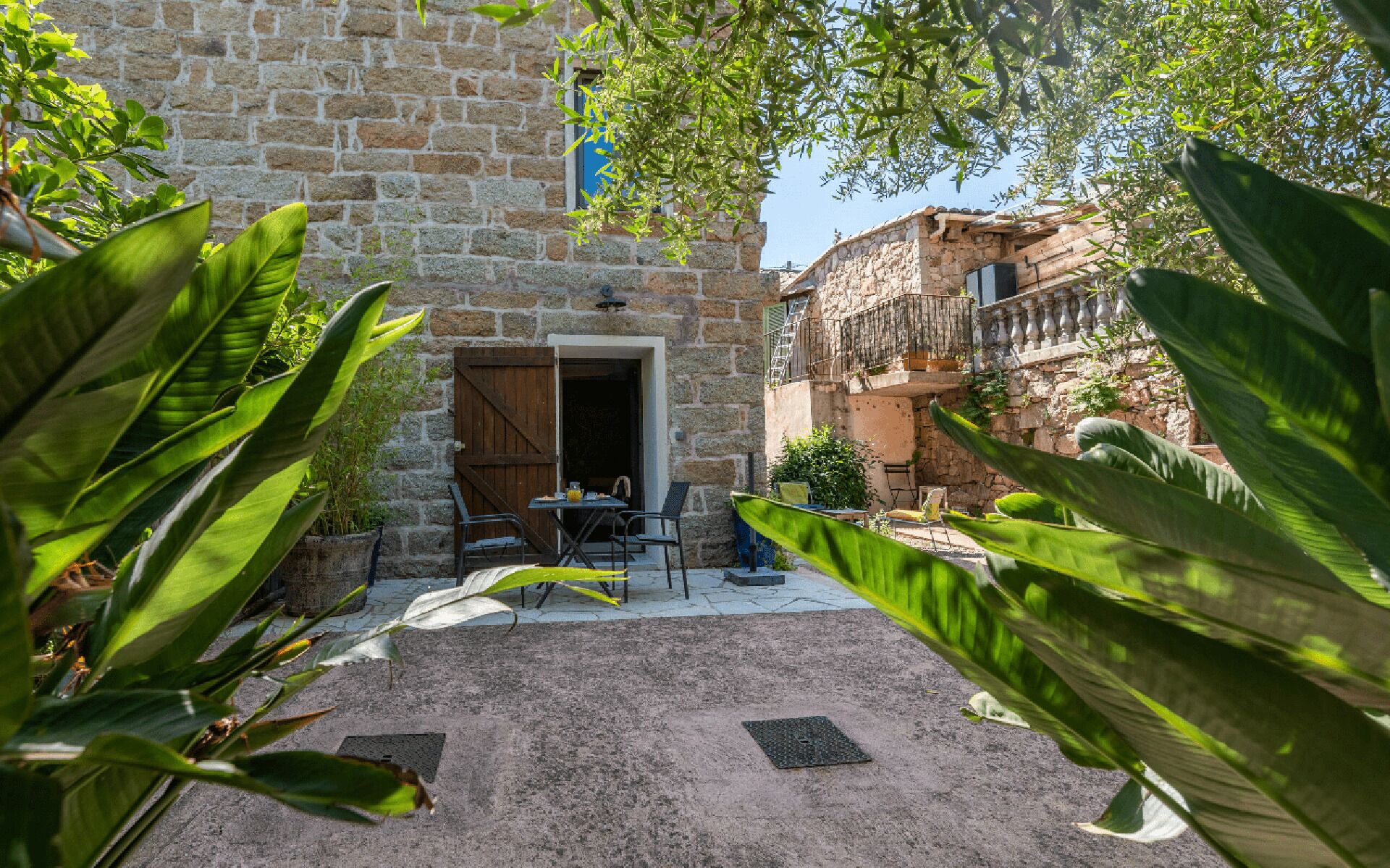 A stone building with a wooden door, a table with chairs, and a small garden area with large green plants.