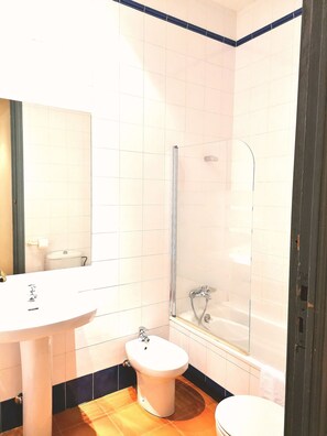 Combined shower/tub, hair dryer, bidet, towels