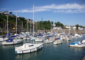 Boats of various sizes and designs are docked in the marina, offering a tranquil waterfront setting.