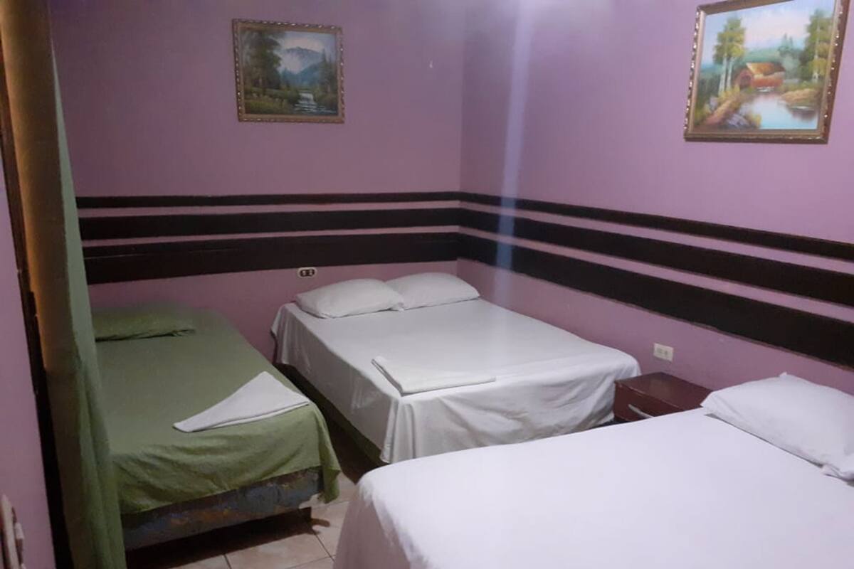 A room with two beds, one with a green bedspread and the other with a white bedspread. There are two paintings on the walls, one depicting a landscape and the other a rural scene.