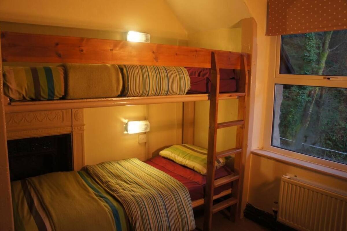 A dormitory room with bunk beds, a ladder, a radiator, and a window with a forest view.