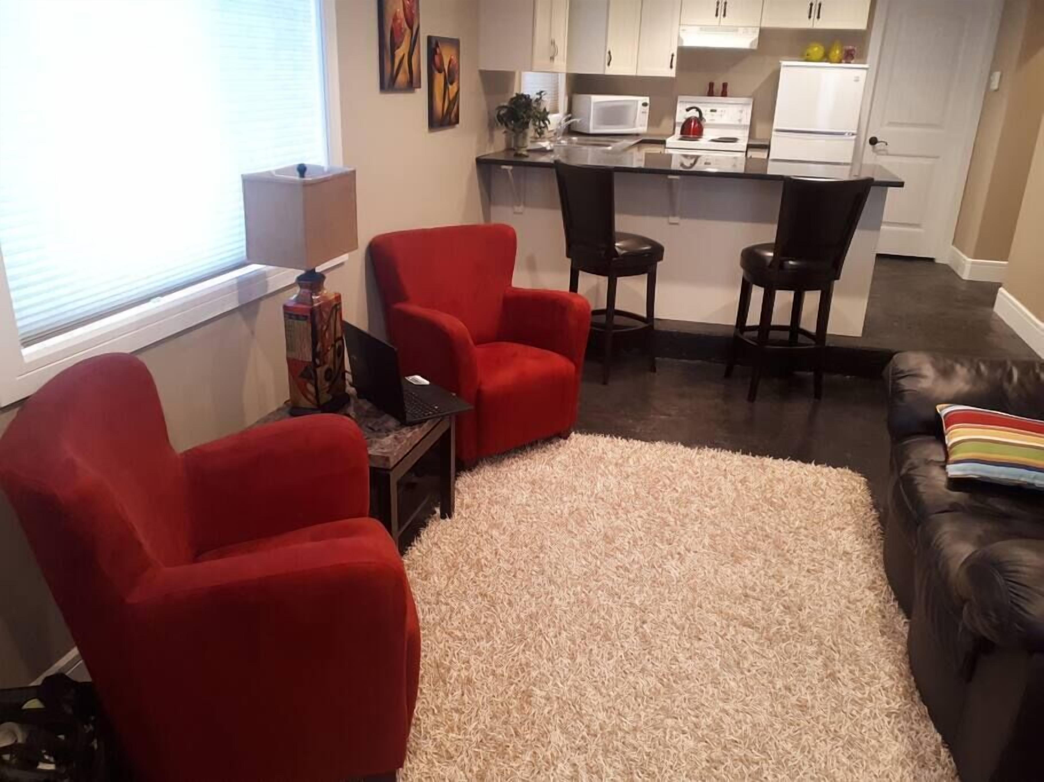A compact living space with a kitchenette, a red armchair, a black leather sofa, and a shaggy rug.