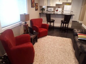 Un espace de vie compact comprenant un coin cuisine, un fauteuil rouge, un canapé en cuir noir et un tapis à longues mèches.