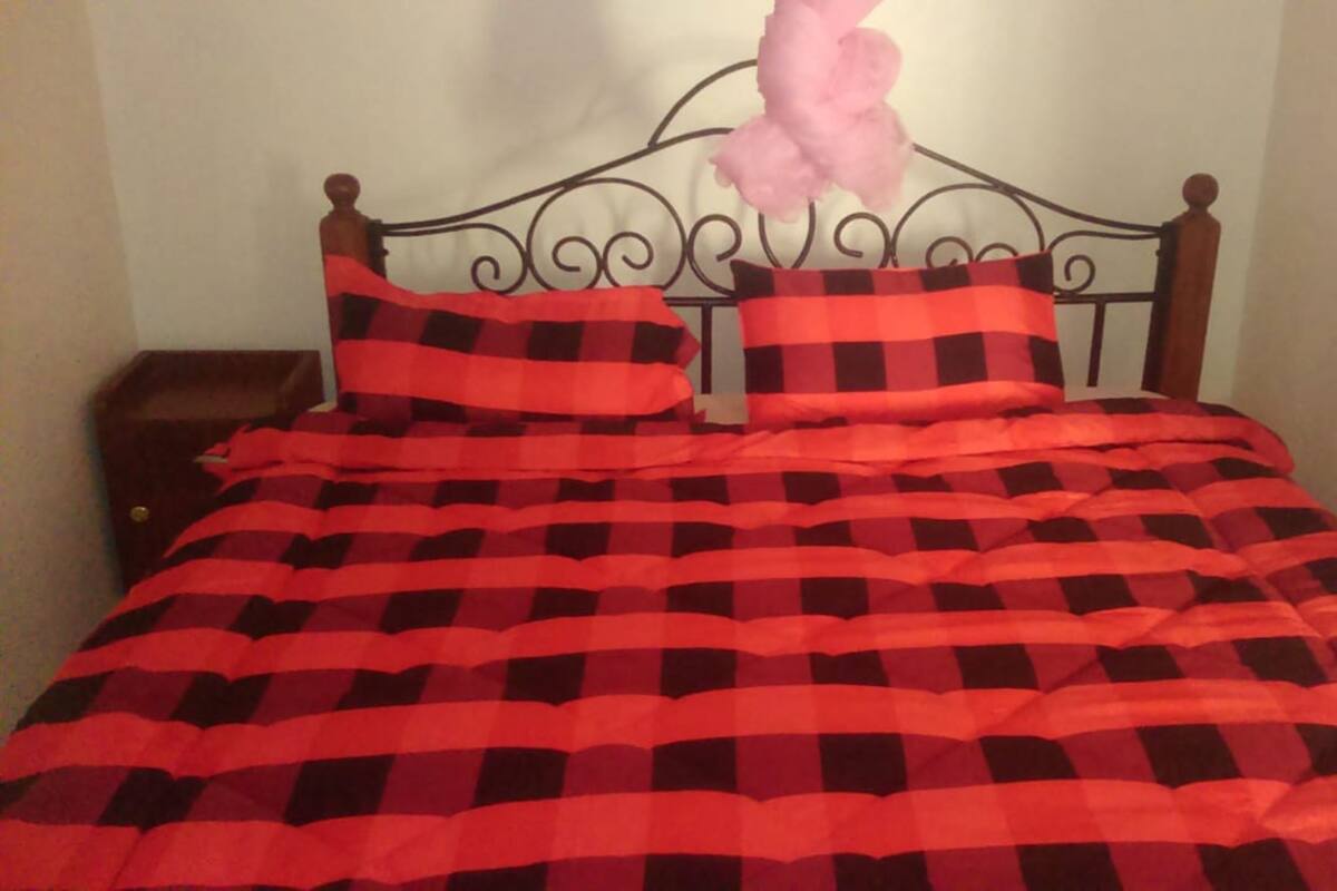 A bed with a checkered bedspread and pillows.