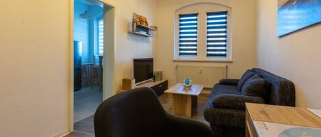 Televisie, een dvd-speler, boeken en een stereo