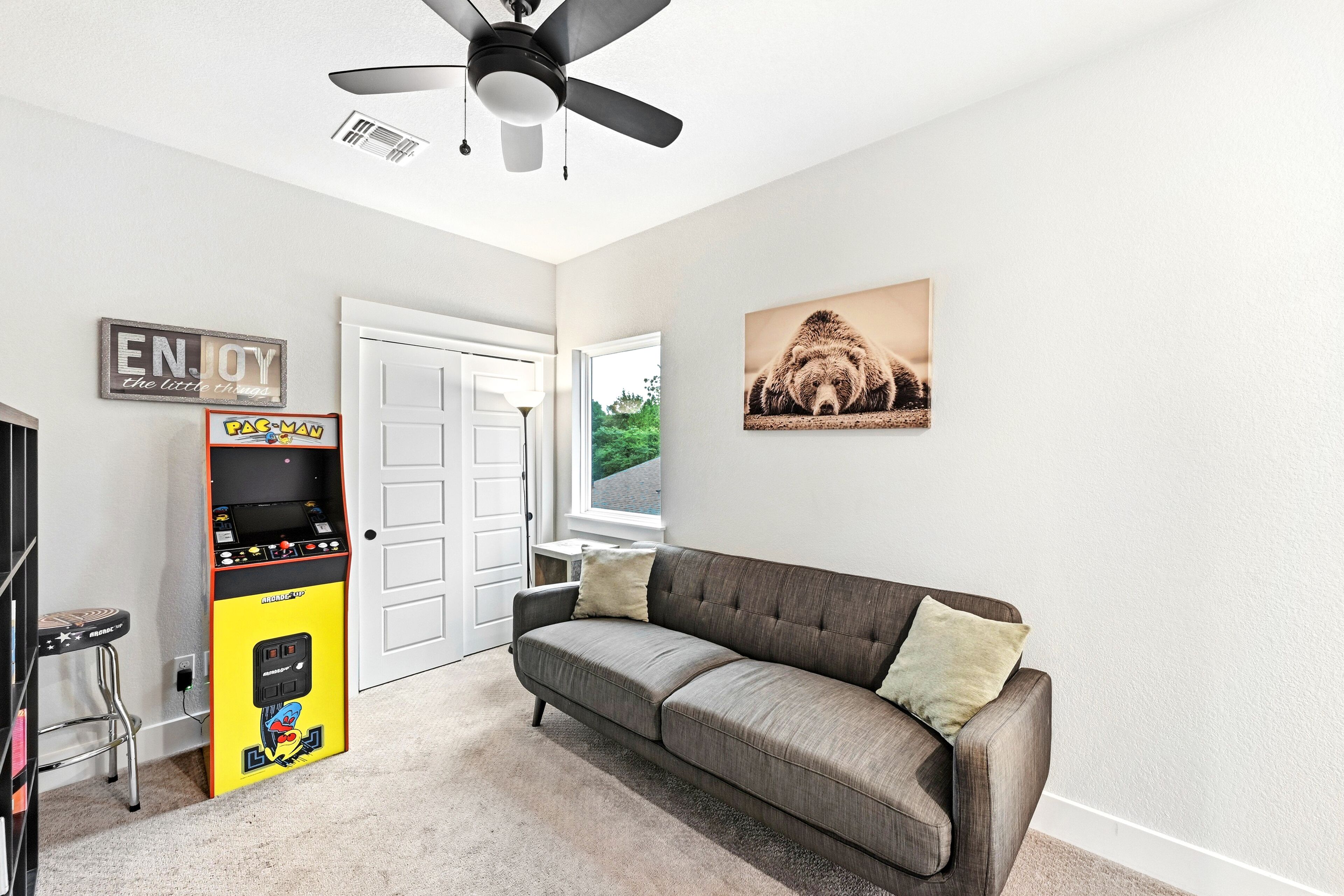 Smart TV, fireplace, video games, books