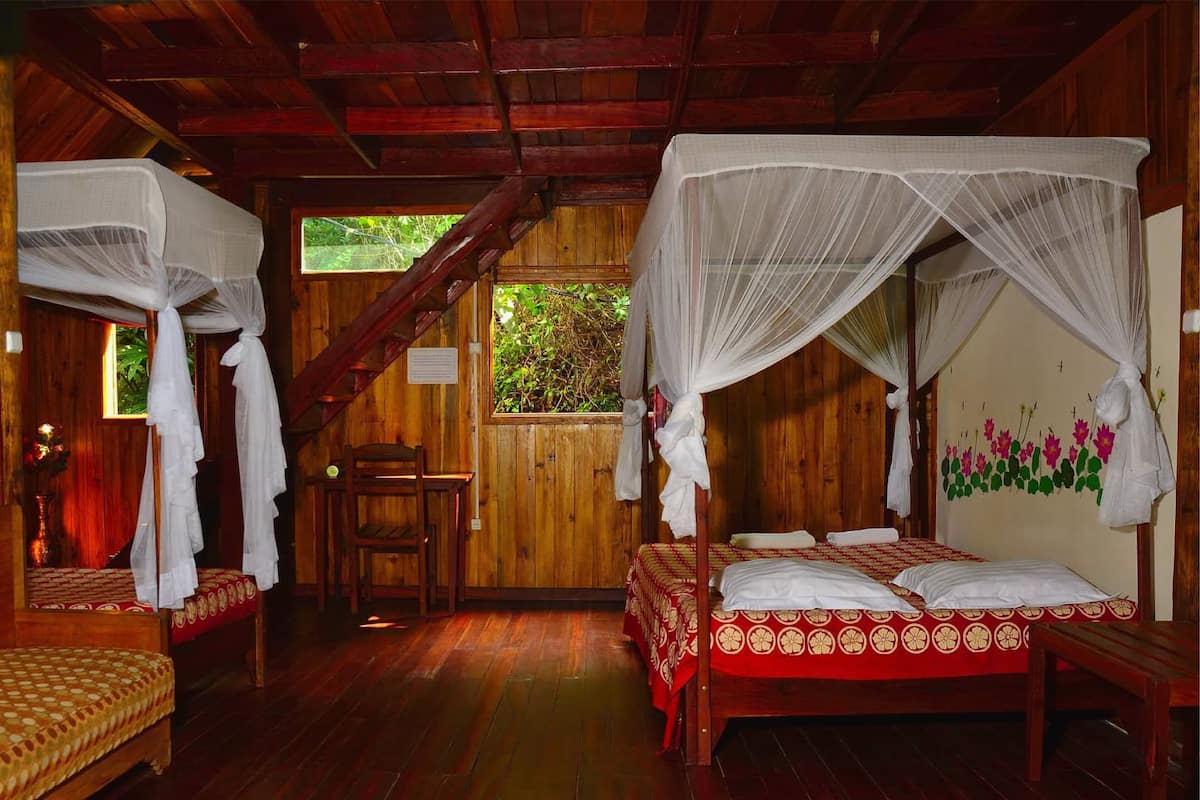 A wooden cabin with two beds, each with a canopy. There is a wooden chair and a small table.