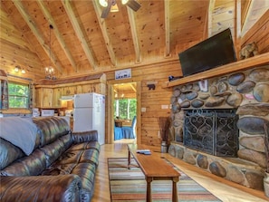 Cabin, Multiple Beds, Hot Tub, Mountain View | Living room | 42-inch TV with cable channels, fireplace - Peaceful Mountain Gem, 1 Bedroom, Hot Tub, Wifi, Air Hockey, Sleeps 6 (Sevierville)