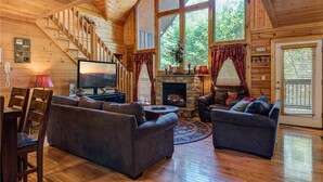 Cabin, Multiple Beds, Private Pool, Mountain View | Living room | 42-inch TV with cable channels, fireplace - Simple Elegance, 6 Bedrooms, Hot Tub, Theater Room, Arcade, Wifi, Sleeps 18 (Sevierville)