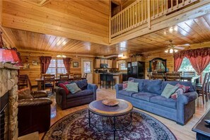Cabin, Multiple Beds, Private Pool, Mountain View | Living room | 42-inch TV with cable channels, fireplace - Simple Elegance, 6 Bedrooms, Hot Tub, Theater Room, Arcade, Wifi, Sleeps 18 (Sevierville)
