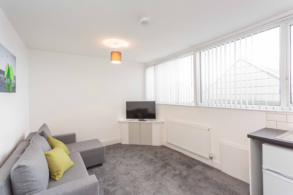 A modern, compact living space with a grey sofa, a flat-screen TV, a small kitchen area, and a large window with blinds.