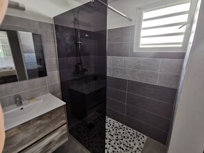 Shower, towels, toilet paper