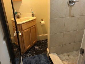 Duschwanne, Haartrockner, Handtücher, Seife