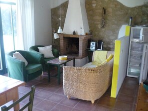 Cheminée, table de tennis de table, chaîne hi-fi