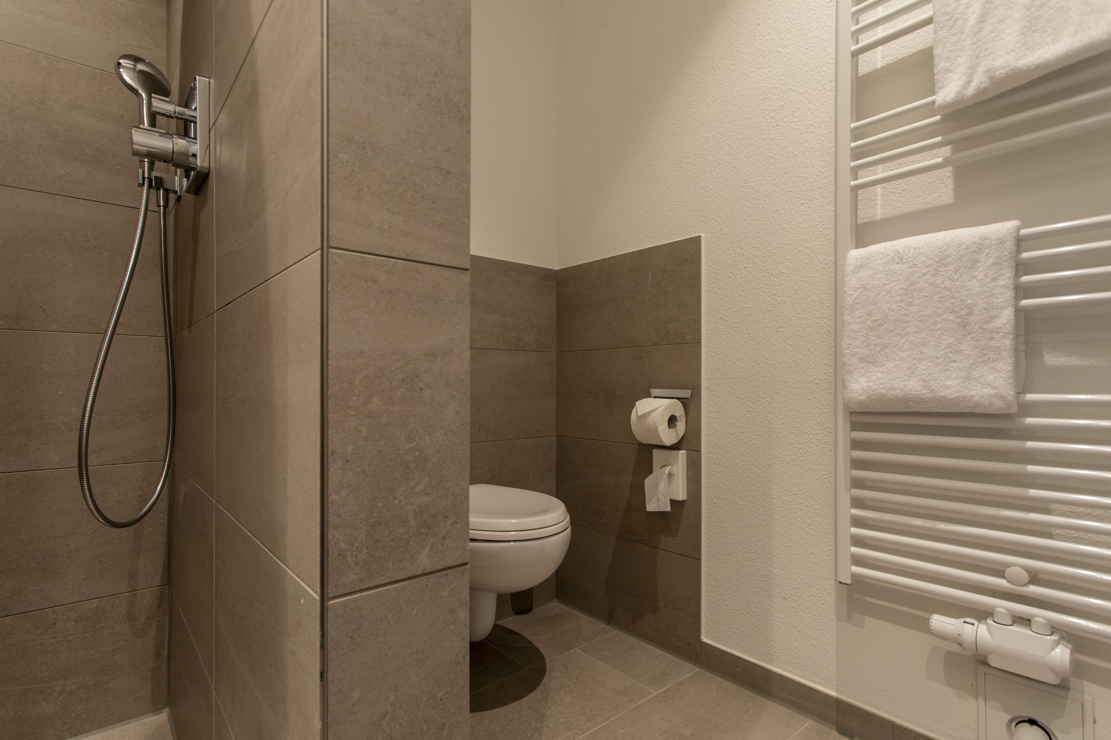Un baño moderno con ducha, inodoro, toallero y dispensador de papel higiénico.