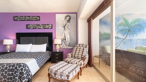 A hotel room with two beds, a chair, a nightstand, a painting, and a view of the ocean.