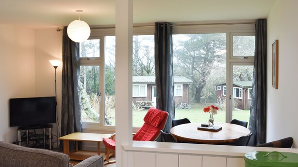 A living room with a flat-screen TV, a red chair, a dining table with a vase, and a green bread container. - 2 bedroom accommodation in Mount Hawke, near Redruth (Mount Hawke, near Redruth)