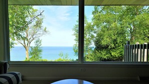 Habitación con un ventanal grande que da a un árbol y una masa de agua.