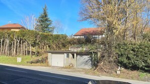 En bostadsgata med en parkerad bil, ett litet förråd och ett hus med ett rött tak.