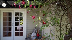 A porch with wicker chairs, a door, and a tree with red flowers. - Lucy's Cottage in beautiful Kyneton (Kyneton)
