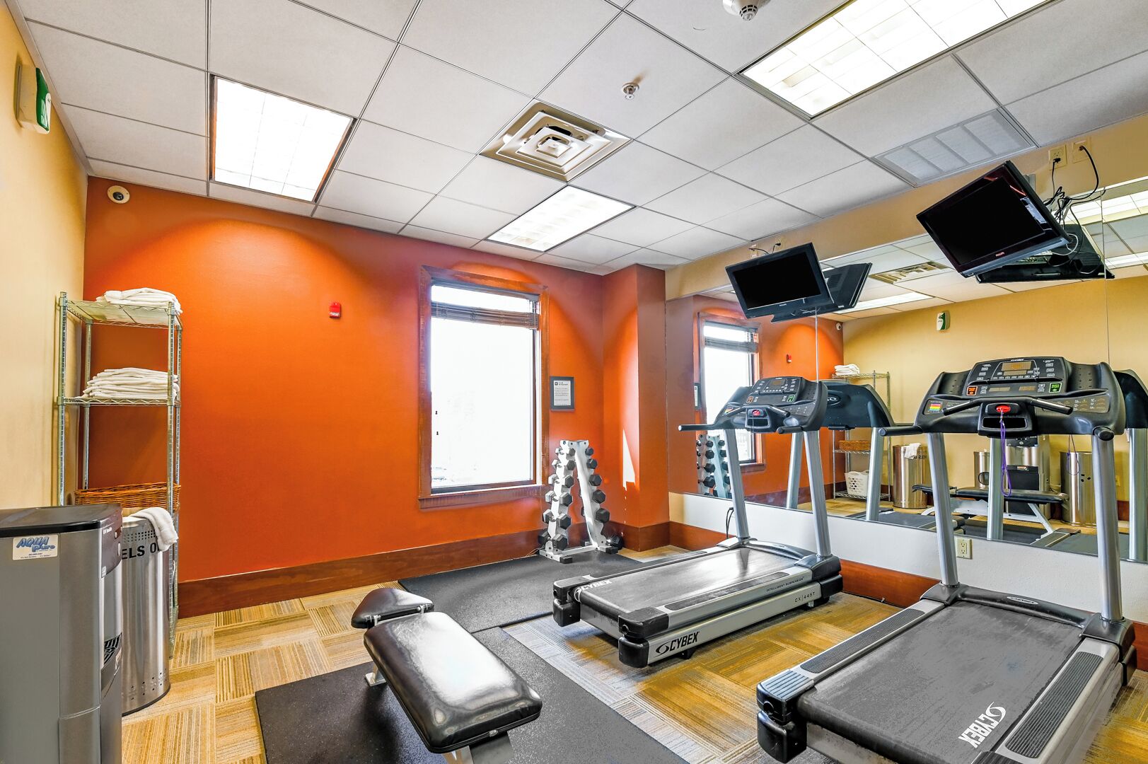 Une salle de sport équipée de tapis de course, d’un banc, d’un mur avec des miroirs et d’une fenêtre.